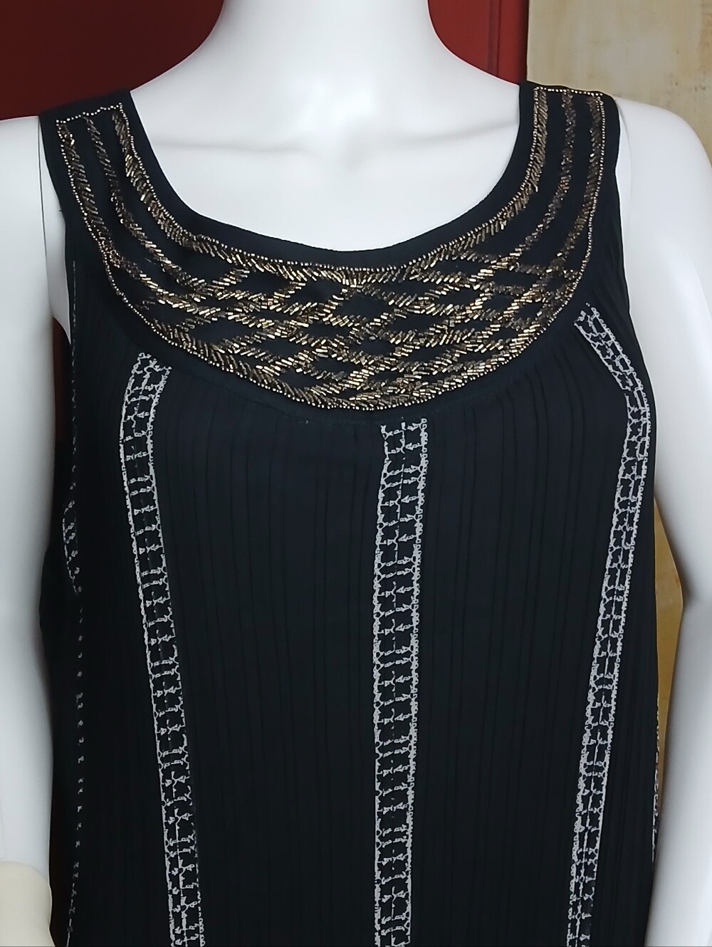 Alfani Sleeveless Crinkle Dress with Beaded Neckline & Lace Border